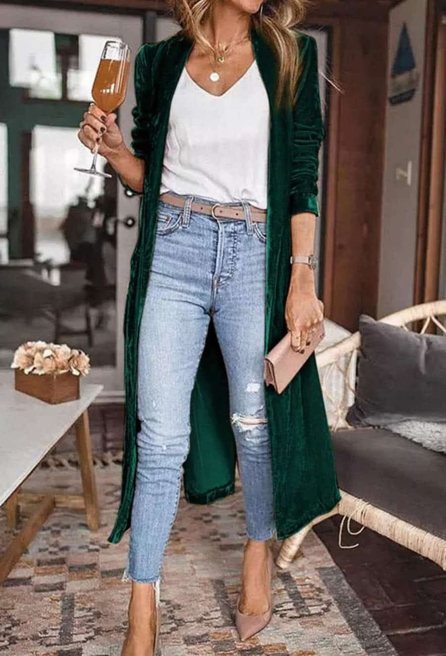 Green Velvet Duster Cardigan