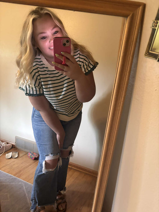 Green striped ruffle top